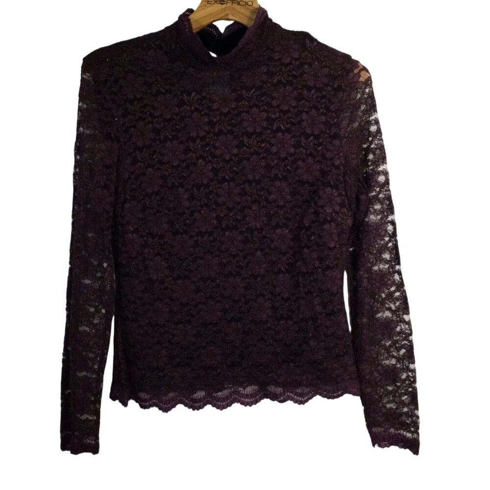 Spanner Womens High-Neck Lace Flower Sheer Top Long Sleeves Purple Size Large